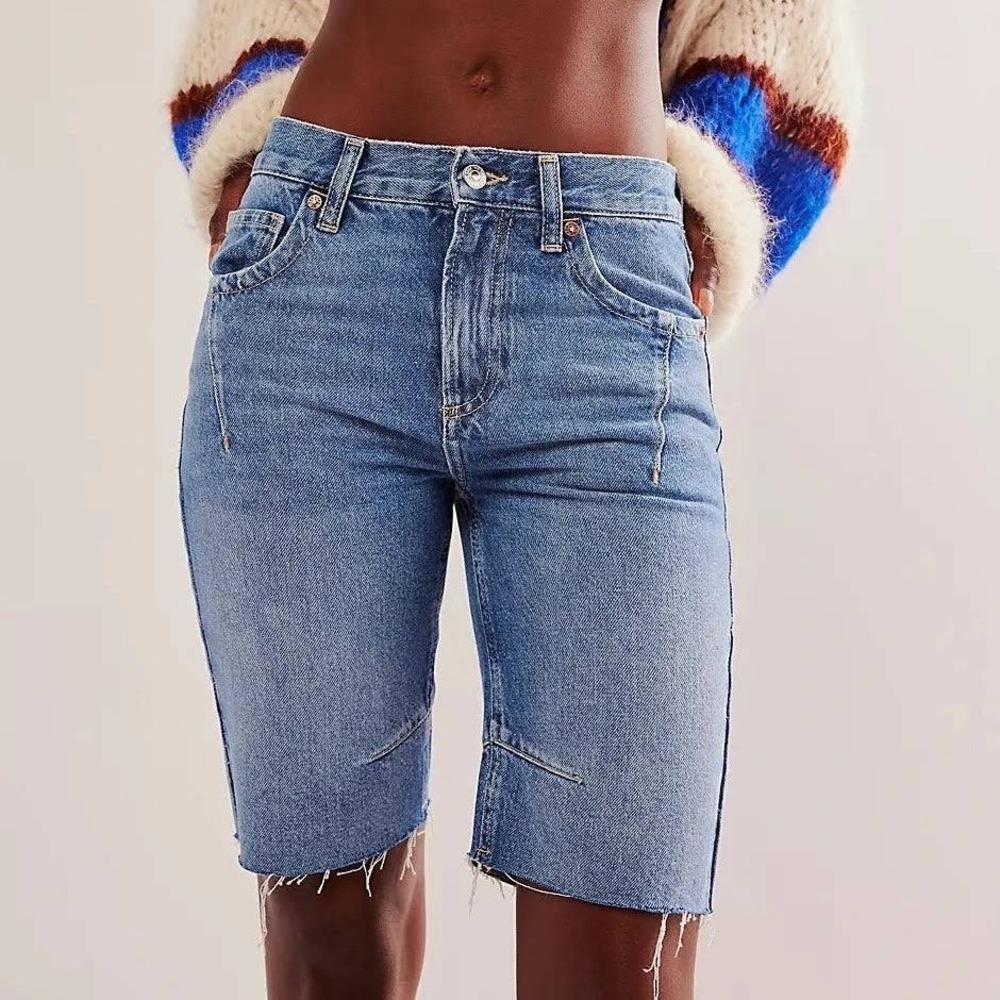 Free People We The Free Ghost Town High Rise Long Denim Shorts 31 Boho NWT